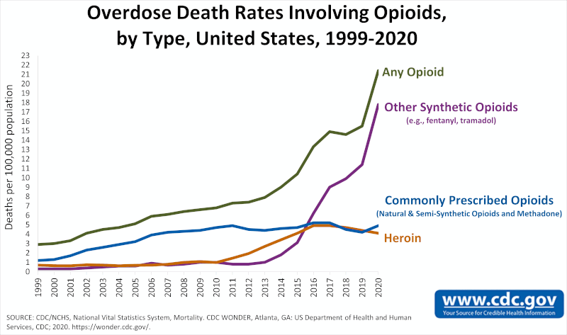 Overdose Death Rates Involving Opioids, by Type, United States, 1999-2020.