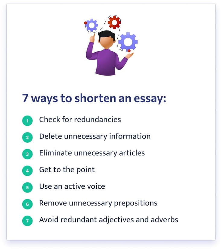 The picture lists 7 tips that will help you shorten a written assignment.